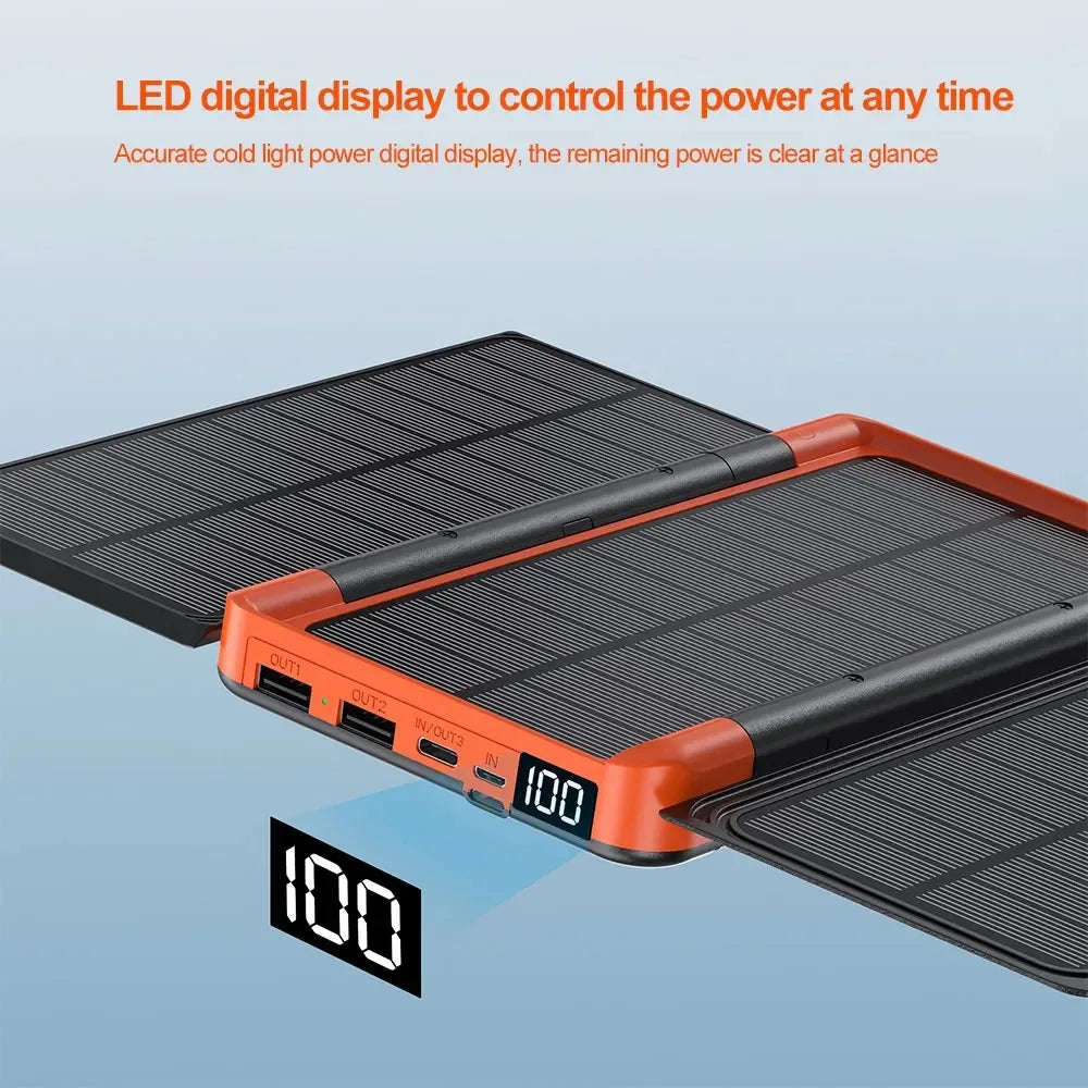 10000/20000mAh Solar Power Bank Hidden Flip Solar Panel Portable Solar Power Bank with USB Wireless Charging for Travel Camping