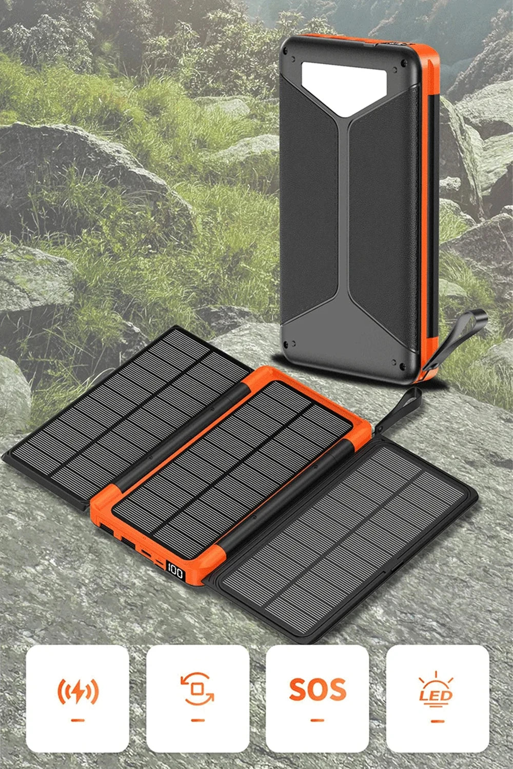 10000/20000mAh Solar Power Bank Hidden Flip Solar Panel Portable Solar Power Bank with USB Wireless Charging for Travel Camping