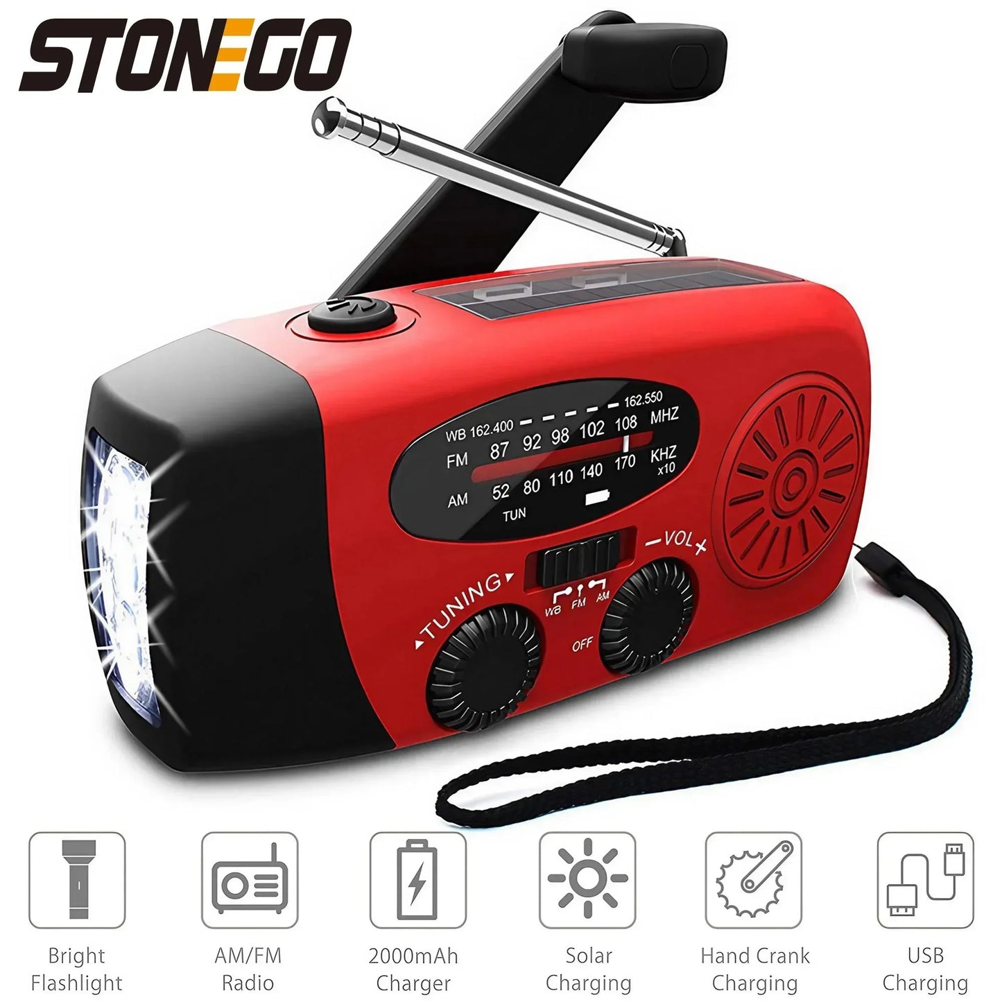 2000mAh Solar Hand Crank Emergency Radio AM FM WB NOAA Weather Alert USB Charger LED Flashlight Power Bank for Outdoor