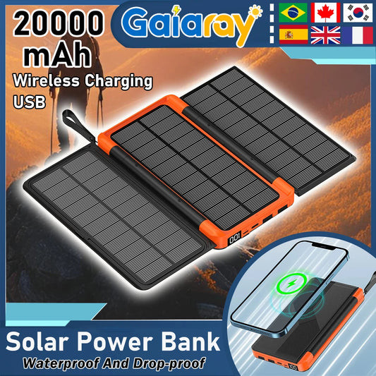 10000/20000mAh Solar Power Bank Hidden Flip Solar Panel Portable Solar Power Bank with USB Wireless Charging for Travel Camping